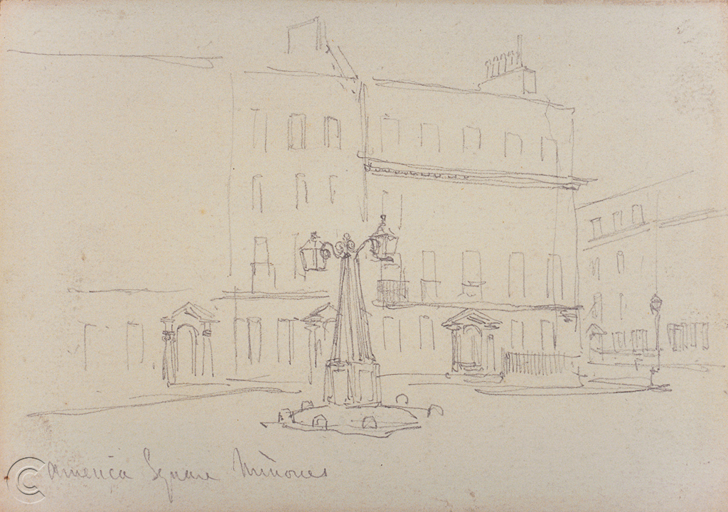 Sketch of America Square featuring Nos. 14, 15 and 16. Looking west. c1850 by Thomas Colman Dibdin.