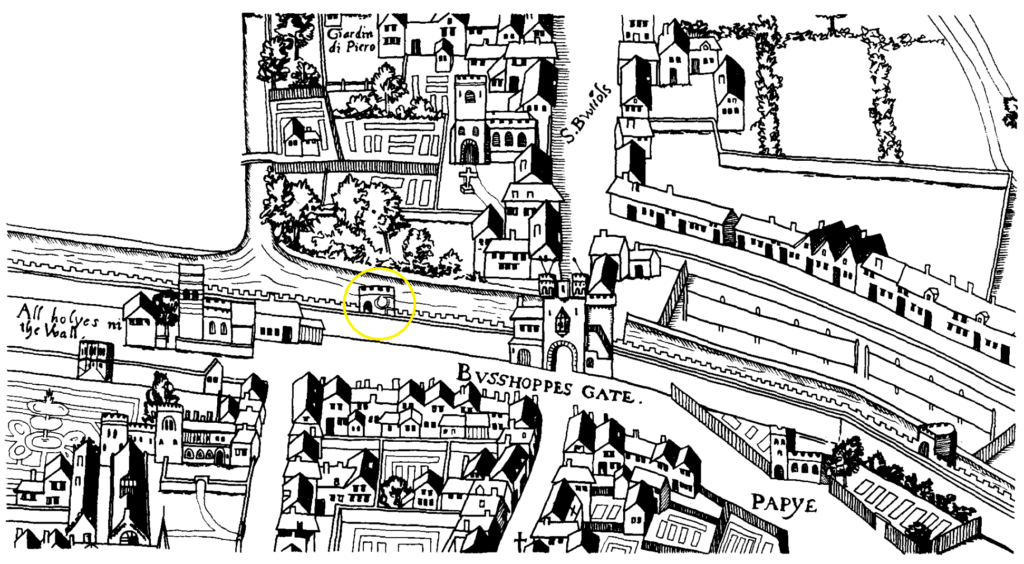 Bastion 10A (circled) showing between Bishopsgate and All Hallows Church on the Copperplate Map of 1558.