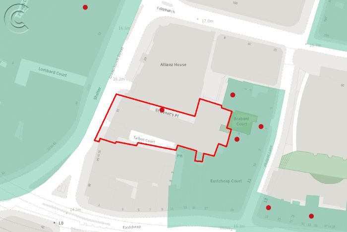 Detailed map showing outline of the 55 Gracechurch Street site.