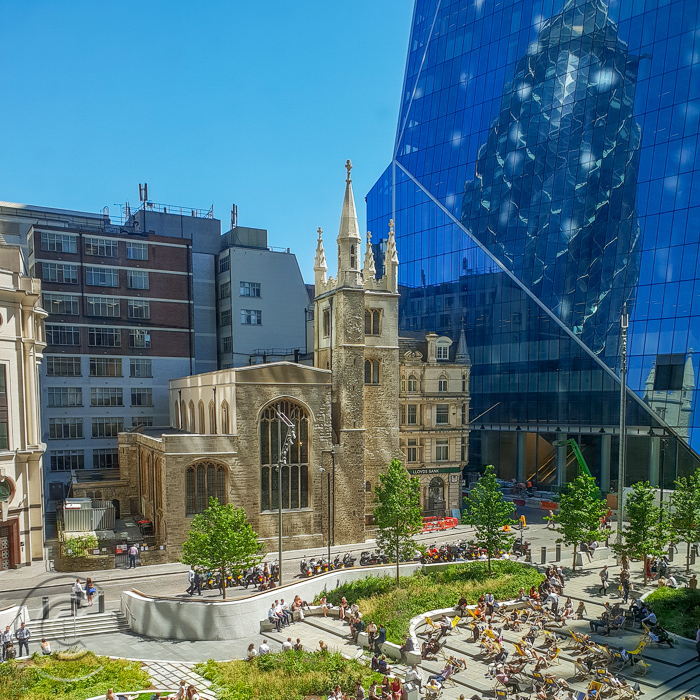 Photo of St Helen's square, with St Andrew Undershaft Church in the City of London on a summer's day in June 2019.